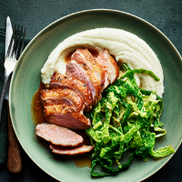 Orange and soy duck with celeriac puree